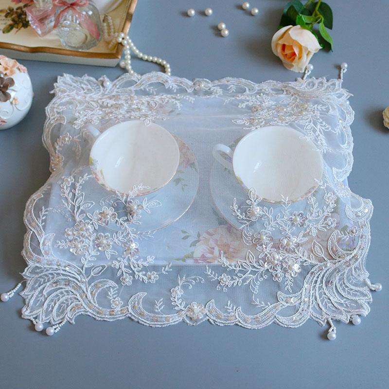 European Square Lace Sequins Embroidered Bead Pendant Premium Placemat Coaster Food Snack Bedroom Balcony Coffee Party Dining Table Pad