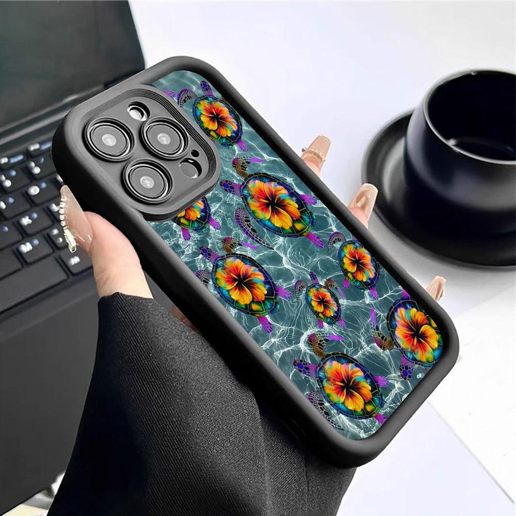 Black Turtle Shell Grooved Case for iPhone 14/15/16/17 Pro Max - Flower Staircase Design