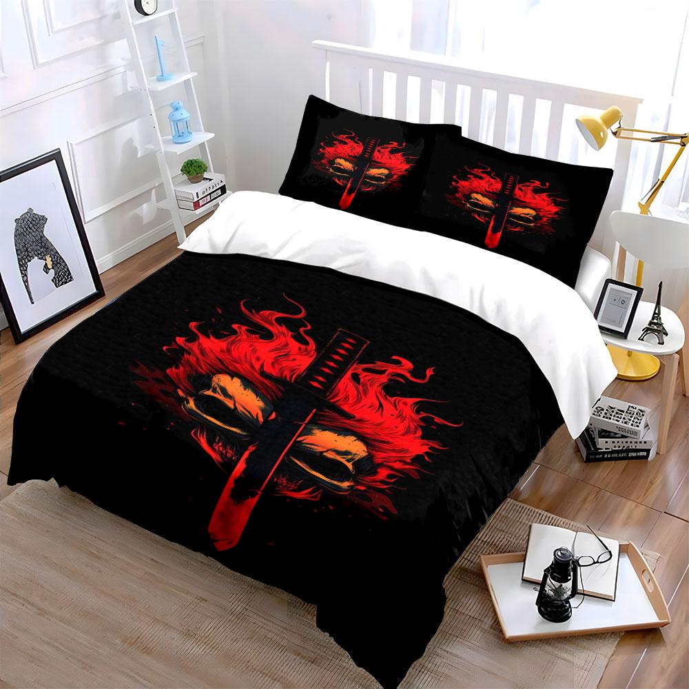 Red flames, sword, skull. Bedding sets Duvet cover sets Duvet covers Pillowcases(1* Duvet Cover 2* Pillowcases without duvet insert)