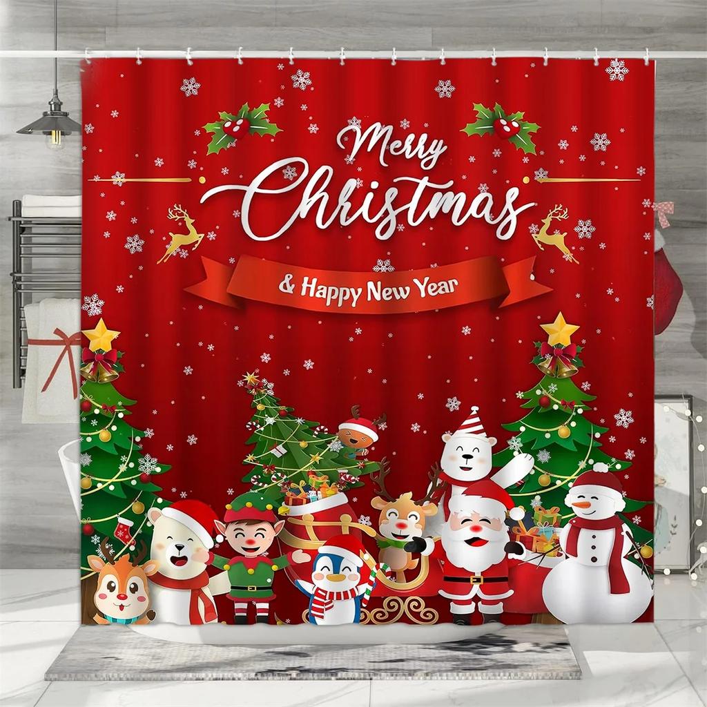 Christmas Shower Curtain, Winter Holiday Farm Snowman Santa Claus Christmas Tree Farmhouse Christmas Balls Bathroom Decorations