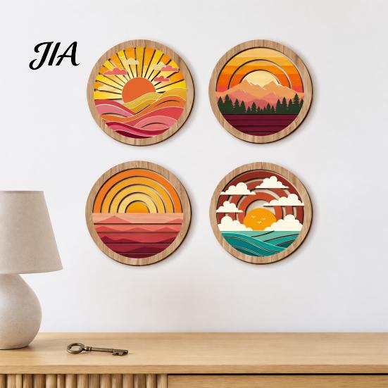 Easy Install Wall Art Set 4Pcs Boho Sunset Art, Abstract Landscape Round Hanging Ornaments, Lightweight Wood Photo Background Wooden Decor for Living