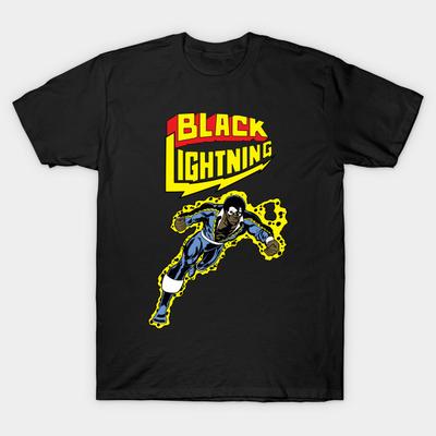Asian Size Men Black Print T-shirt Black Lightning No-Cut Heat Transfer Print Cotton Tshirt