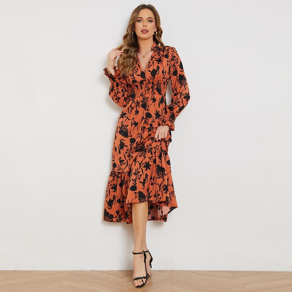 

LYRIA New Long Dress For Women V Collar Pullover Lantern Sleeves A-line Floral Print Elegant Ladies s Dress S помаранчевий