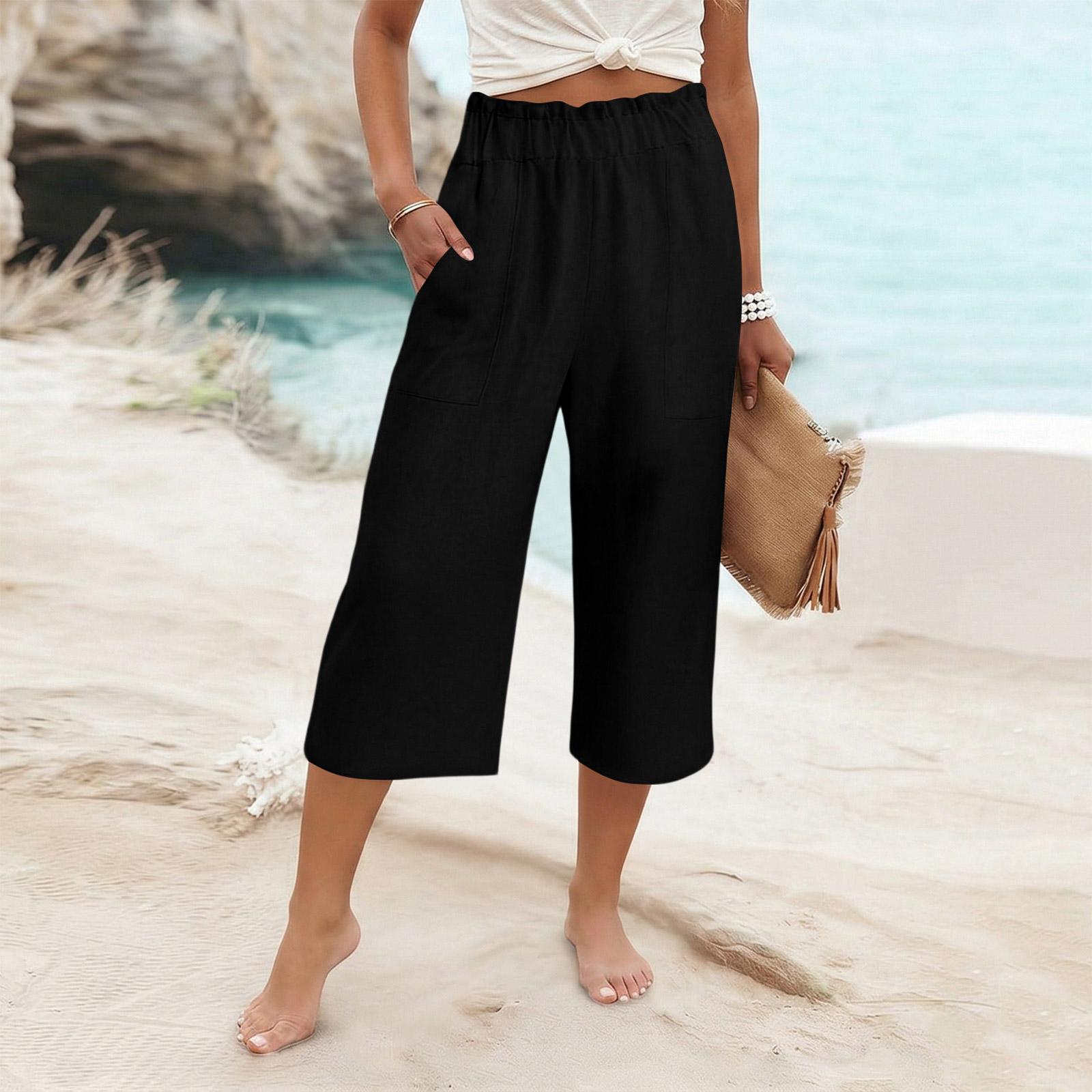 Womens Baggy Cotton Linen Pants Elastic Waist Casual Loose  Summer Beach Vacation  Pants XXL чёрный