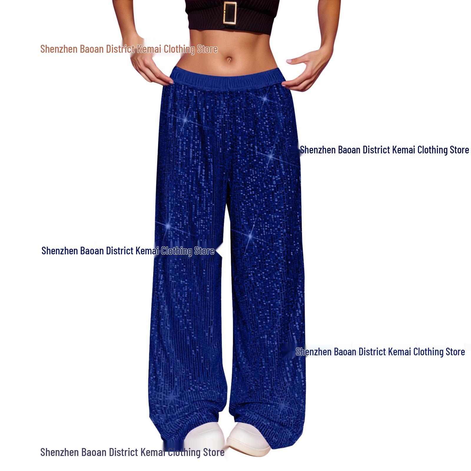 

Fashion Sequins High Waist Wide Leg Long Pants for Women - Spring/Summer Drape Casual Style Large темно-синий