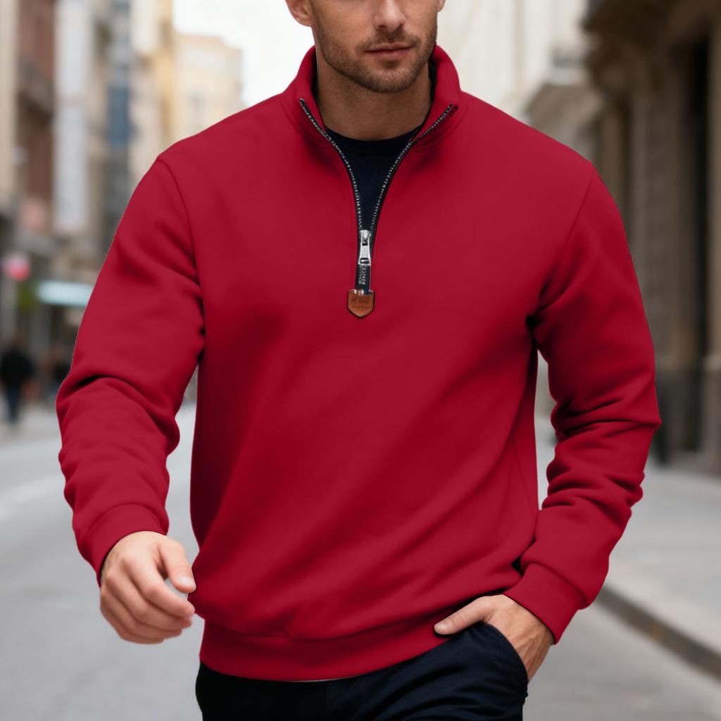 Men's Autumn/Winter Heavyweight Fleece Sweatshirt with Embroidered Logo Design, Half-Zip Stand Collar