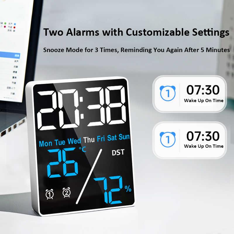 Digital Alarm Clock with Date Temp Displayed Dual Alarms LED Clock Indoor Household Temperature and Humidity Meter Desktop Clock