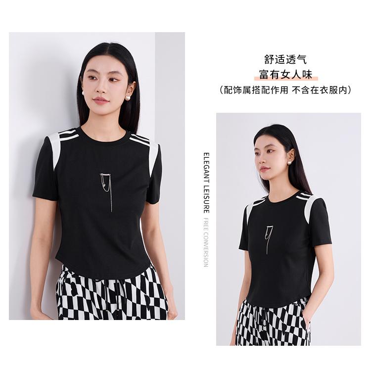 Round neck T-shirt for women, elegant summer short sleeved shirt, contrasting color top