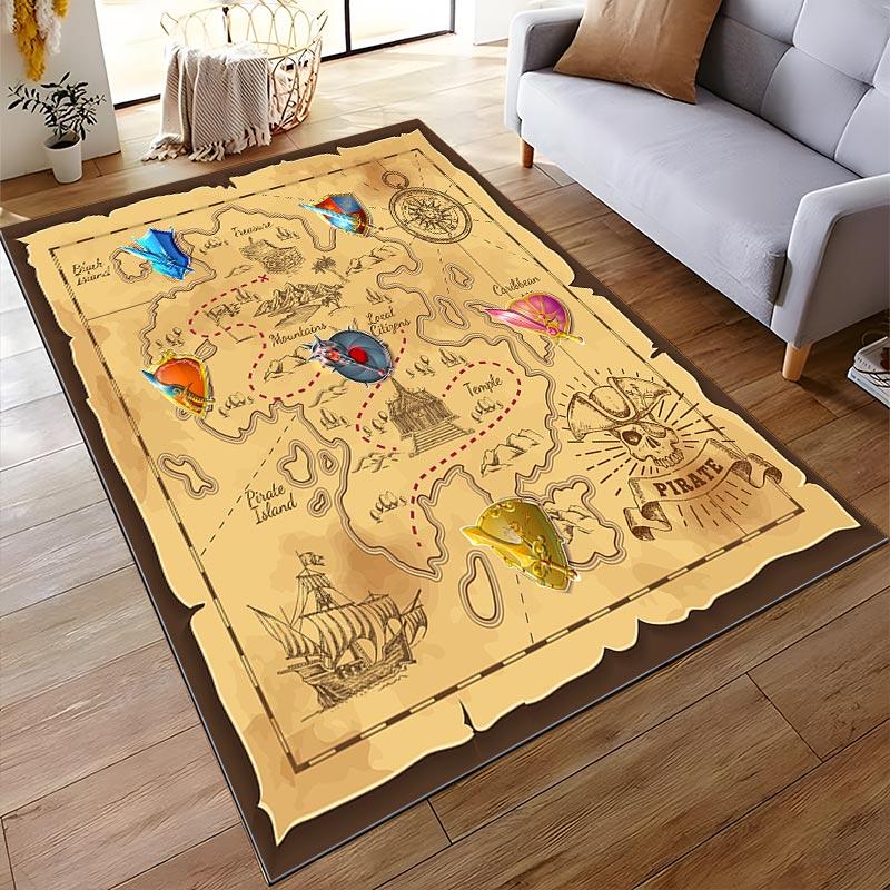 "Pirate Treasure Map Rug with Compass and Adventure Symbols Design" Suitable for use as an anti-slip for living room bedroom sofas