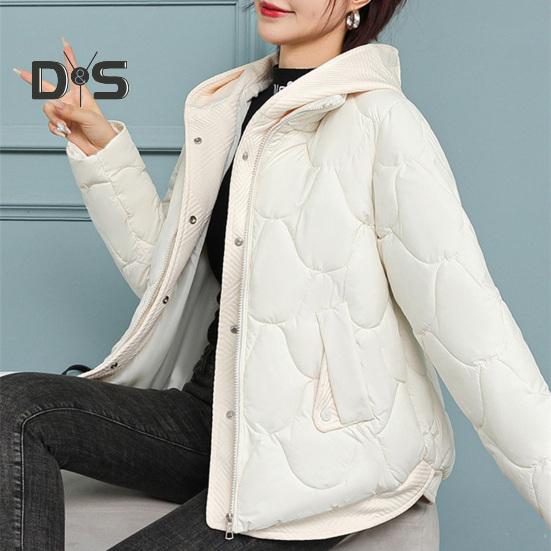 Women Winter Coat Fake Two-piece Zipper Button Closure Padded Hooded Turn-down Collar Pure Color Thin Short Type Down Cotton Filling Jacket