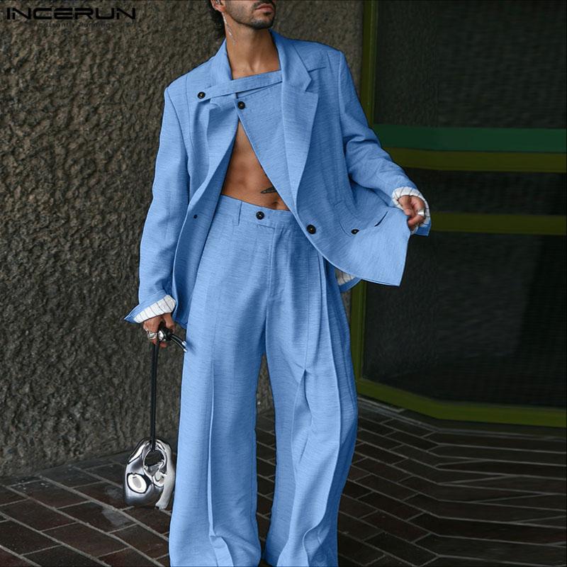 INCERUN Men Sets Lapel Neck Wrap Blazer Tops and Trousers Long Pants Casual Suits Outfits