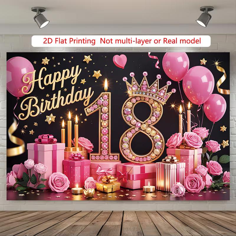 2D Elegant Black Pink 18th Happy Birthday Photography Backdrop with Gift Boxes