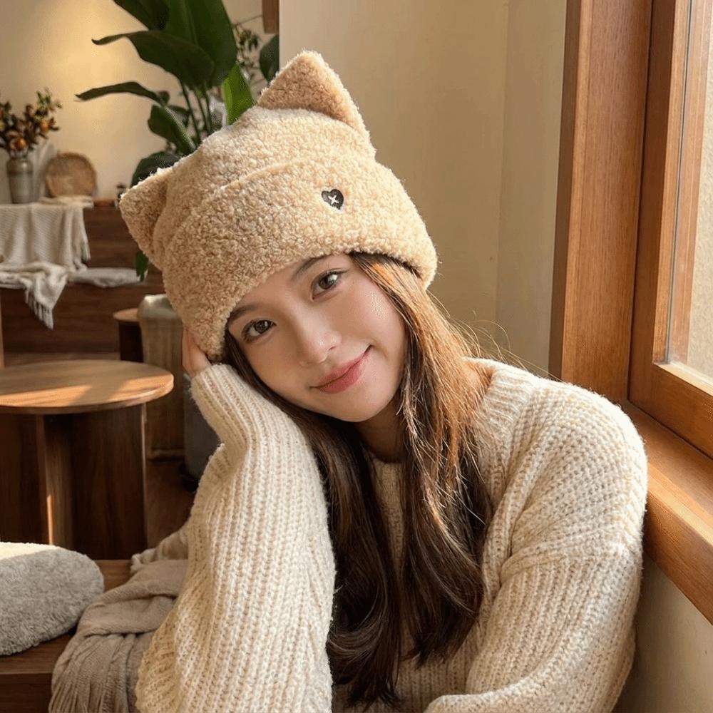 Comfortable Plush Beanie Hat Polyester Warm Knit Cap Ins Style Cat Ear Hat Women