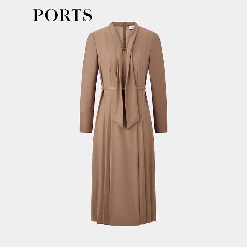 PORTS Women's Lion's Mane Brown Tie-Neck Pleated Wool Dress