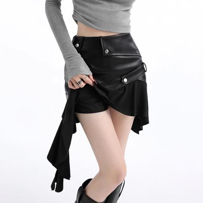 Vintage Schwarz Unregelmäßigen PU Leder Rock Für Frauen Herbst Neue Stil Rüschen Rand A-Linie Hip Up Mini A-linie Rock 2000s Ästhetik