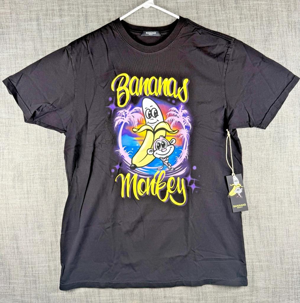 Size L - Bananas Monkey Hood Classic Airbrush Graphic 100% Cotton T-shirt Mens Tees Top Black NWT