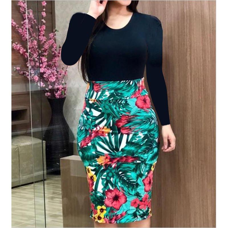 women's Color Block Floral Print Short Sleeve Bodycon Dress Round Neck Pencil Dress