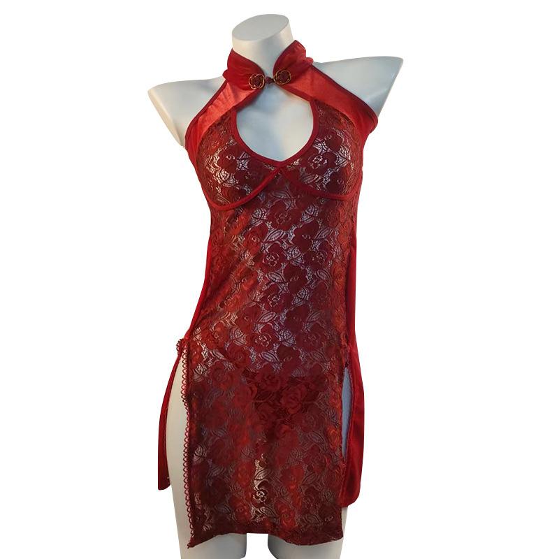 Sexy Pajama Set Hollow Chest Dew Small Groove Lace Women's Erotic Underwear Cheongsam Night Fans Slit Antique Style