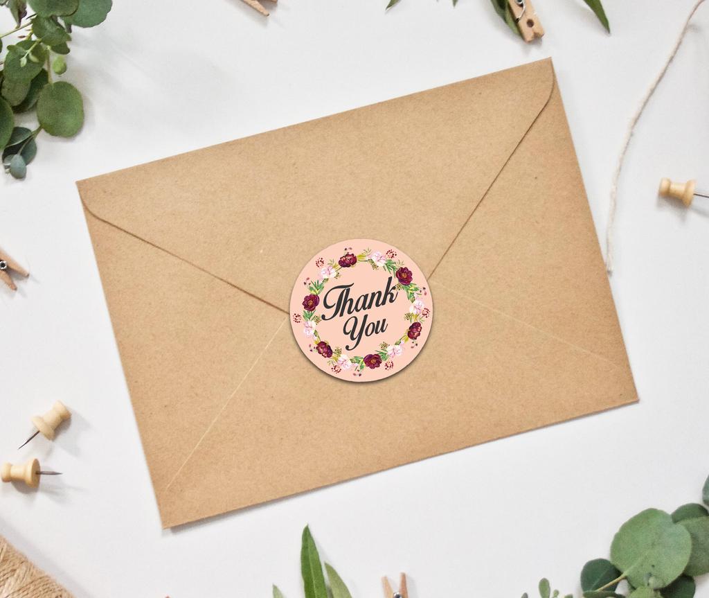 Darling Souvenir 45 Pcs Floral Wreath Round Thank You Black Stickers Envelope Seals-1.6
