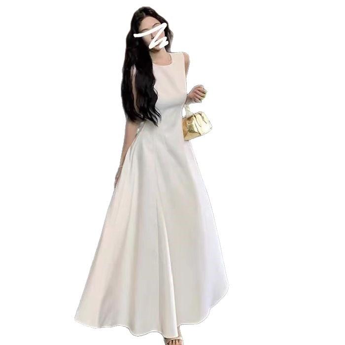 Solid color dress children's summer new French temperament high-end sleeveless vest waist thin dress