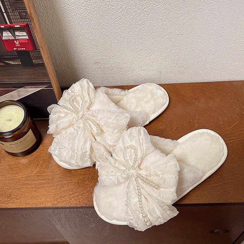

Cute fluffy slippers women s home bag head cotton slippers autumn and winter new indoor warm bow plush slippers 35 бежевый