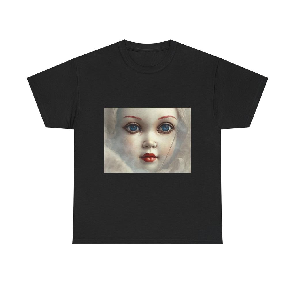 Creepy Doll Art Tee, Unisex Heavy Cotton Shirt, Vintage Aesthetic, Gothic Weird