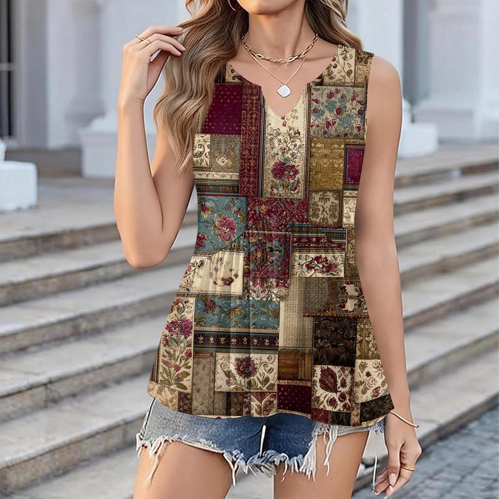 Women's Fashionable New Retro Floral Textured V-neck Loose Casual Flowy Sleeveless Vest Top