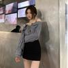 Fake two-piece splicing one-word shoulder suspender long-sleeved dress women's autumn new short skirt striped shirt skirt