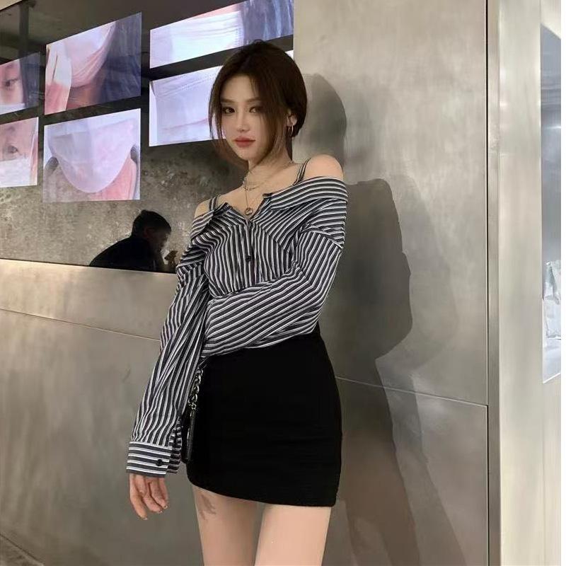 Fake two-piece splicing one-word shoulder suspender long-sleeved dress women's autumn new short skirt striped shirt skirt