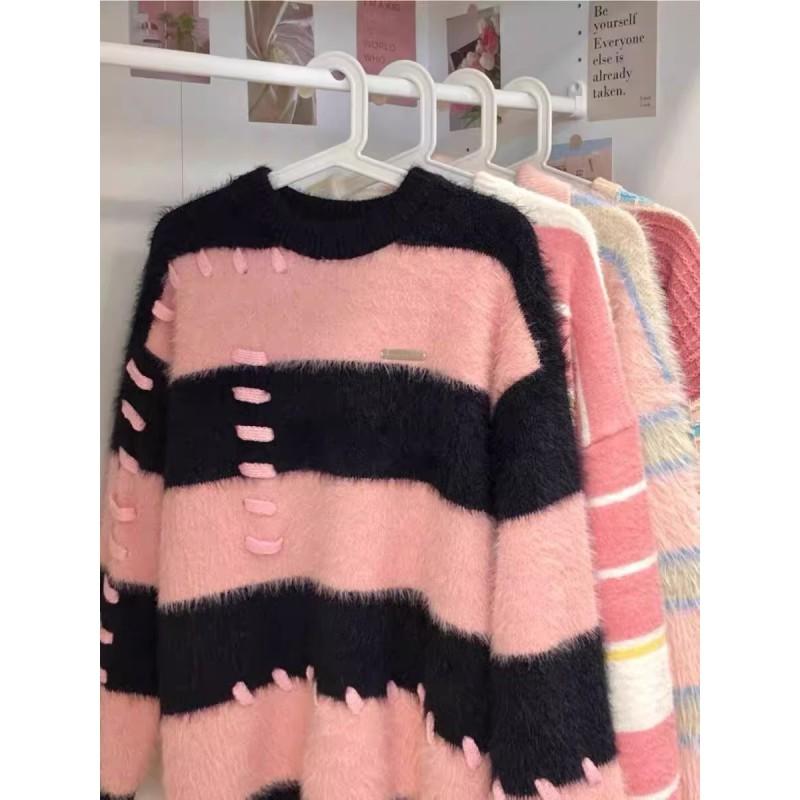 Winter Striped Crewneck Sweater Couple Knit Top Loose Fit Teen Casual Streetwear