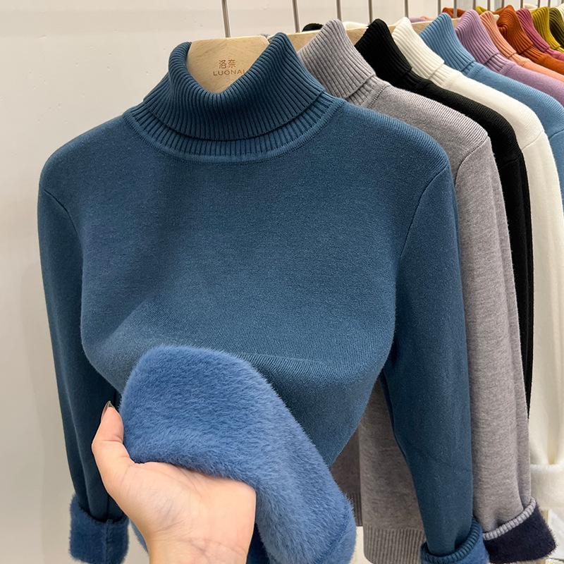Women's Thicken Turtleneck Sweater Korean Fashion Lined Warm Knitted Bottoming Shirt Slim Tops Winter Knitwear Casual Pullover