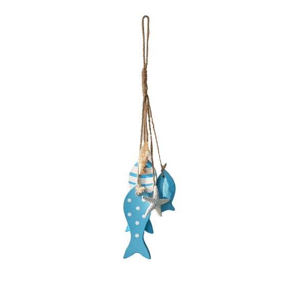 Wooden Fish Coastal Wall Ornament Nautical Theme Sea Fish Wall Art with Hemp Rope Vintage Lake House Hanging Sculpture for Home Living Room