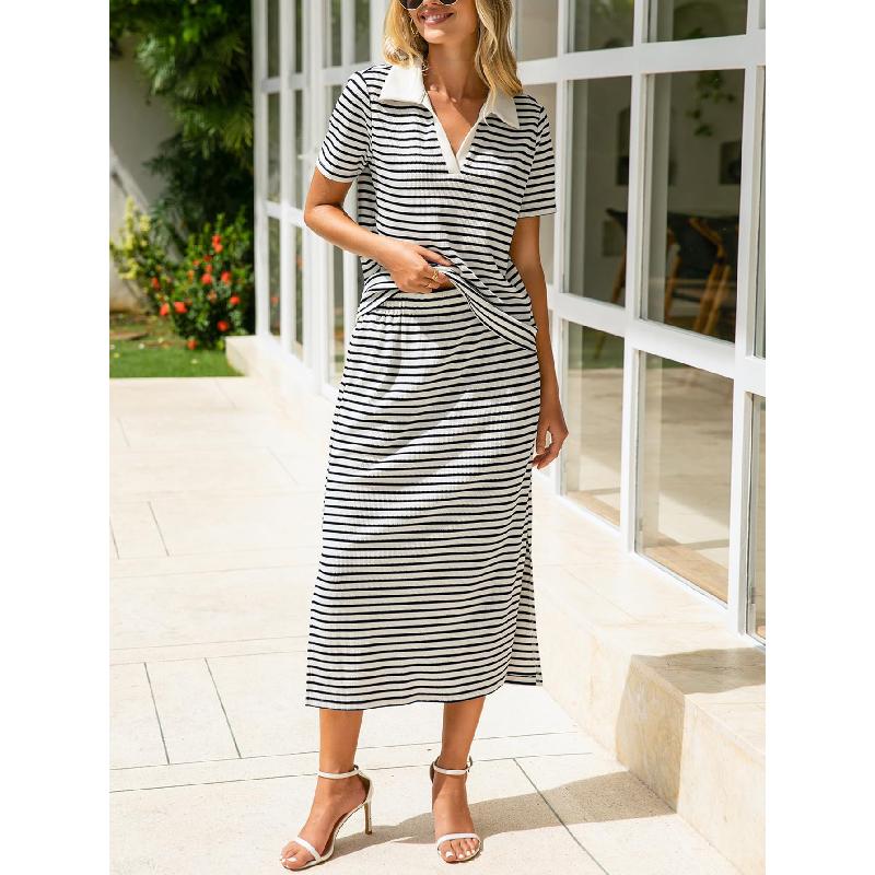 2026 Summer New Women's Fashion Casual Turn-down Collar T-shirt and Slit Skirt Set