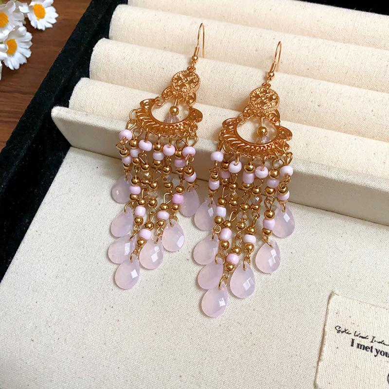 Bohemian water droplets crystal rice beads fringed ear hooks retro ethnic style earrings fashion vacation style earrings