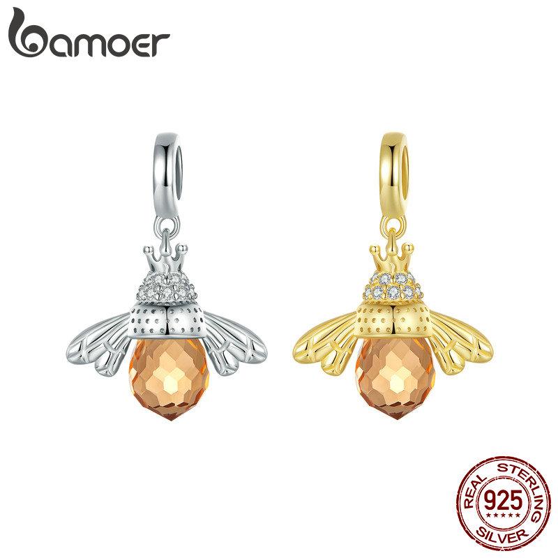 BAMOER 925 Silver Lovely Orange Bee Insect Pendant Necklace for Women 14K Gold Plated Jewelry Birthday Gift 2 Colors