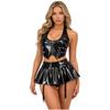 Women PU Leather Crop Top Halter Back Lace Up Built-in Briefs Miniskirt Garter Clips Clubwear Set
