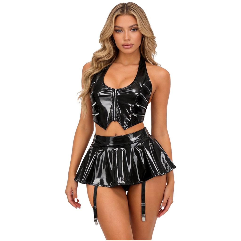 Women PU Leather Crop Top Halter Back Lace Up Built-in Briefs Miniskirt Garter Clips Clubwear Set