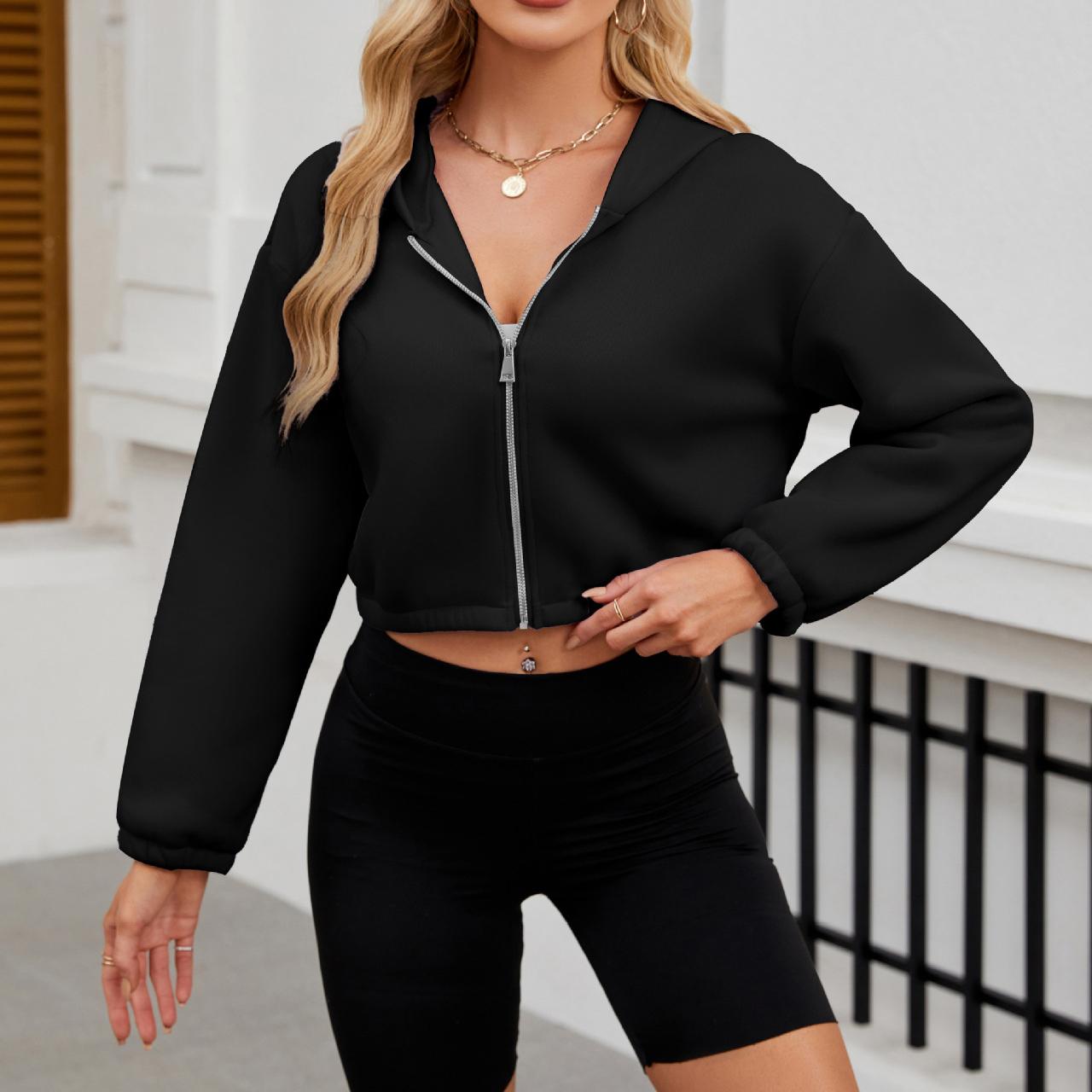 

Осенне-зимняя модная однотонная короткая толстовка с капюшоном на молнии с длинным рукавом M чёрный