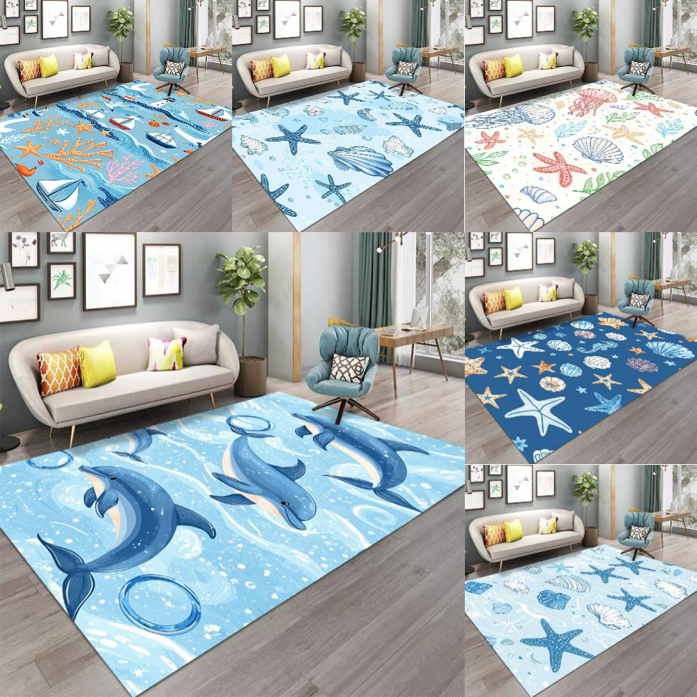 Cartoon Sea Shells Sea Stars Dolphins Carpet for Living Room Decor Sofa Rug Children's Play Mat Bedroom Bedside Rug Nursery Mat