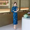 Blue Mother Outfit, National Style, New Chinese Suzhou Long-sleeved Autumn Cheongsam, Improved 1011 New Women's High-end Spring and Autumn