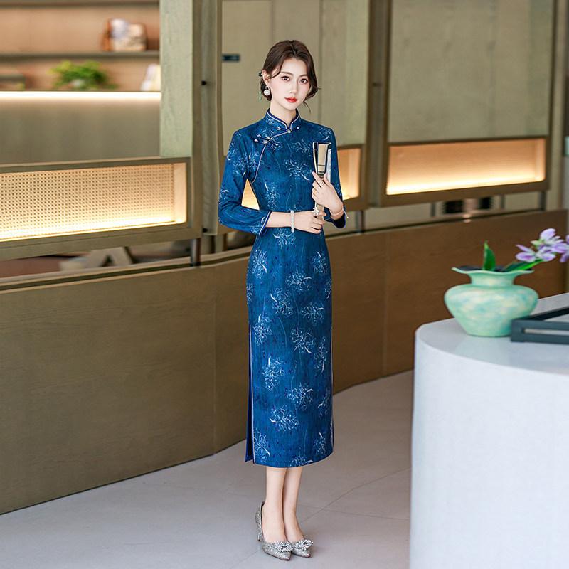 Blue Mother Outfit, National Style, New Chinese Suzhou Long-sleeved Autumn Cheongsam, Improved 1011 New Women's High-end Spring and Autumn