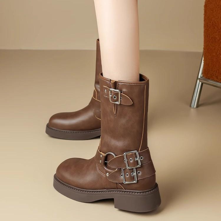Brown thick-soled heightening Martin boots women's four-season British style retro versatile western cowboy short boots locomotive boots