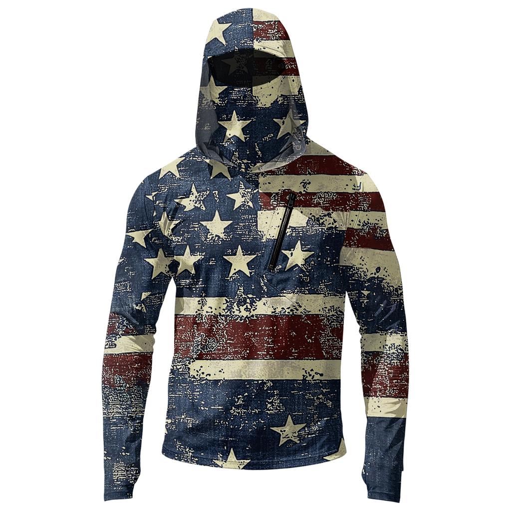 Men’s Casual Long Sleeve Hoodie with Independence Day Print Lightweight Sun Protection Pullover Top with Front Pocket Slash Design