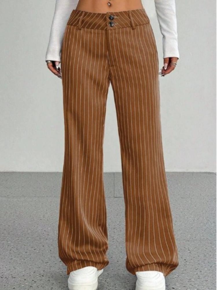 

Women s Black Thin Stripe High Waist Wide Leg Pants with Front Buttons XXL коричневий