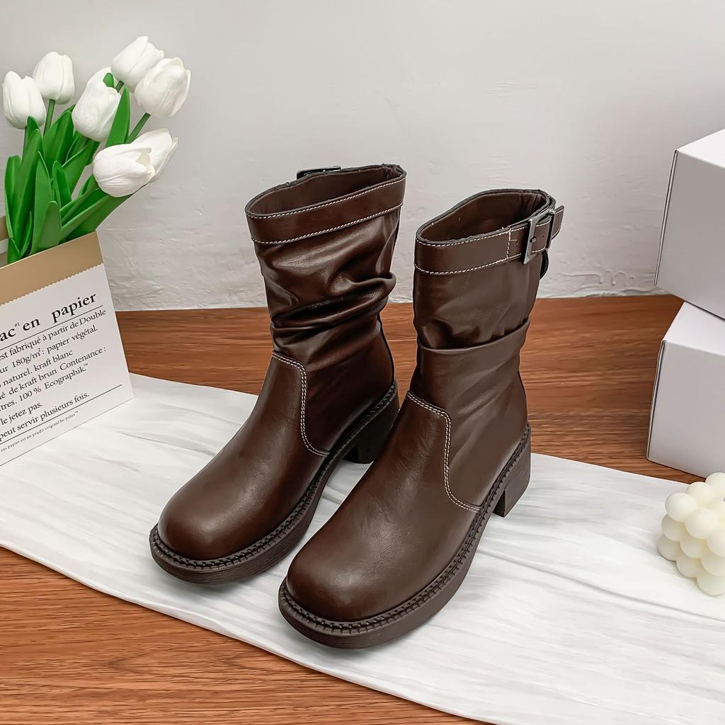 Korean version of knight boots women's belt buckle pleated piled boots comfortable soft sole not tired feet British style thick-soled Martin boots