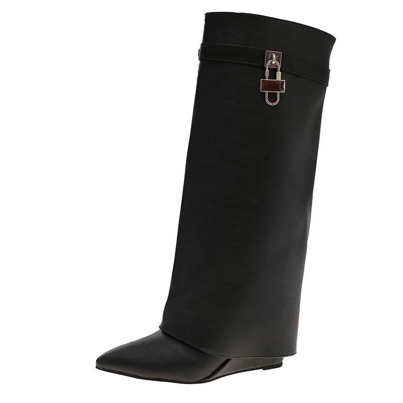 Fashion 2025 New High Quality Metal Decor Wedge Heel Knee High Boots Women Autumn Winter Fashion Pants Boots Woman Leather Long Boots