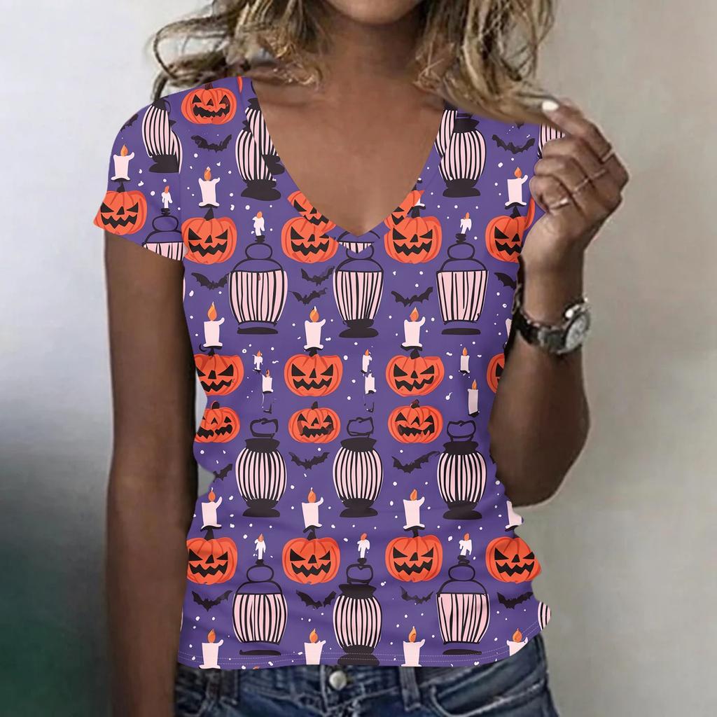 Women's V-Neck Halloween Print Blouse Lightweight Spring Summer Top