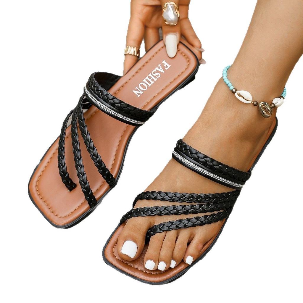 Summer New Women's European and American Sandals Flat-soled Slippers Woven Sandals Foreign Trade Independent Station Large Size Women's Shoes