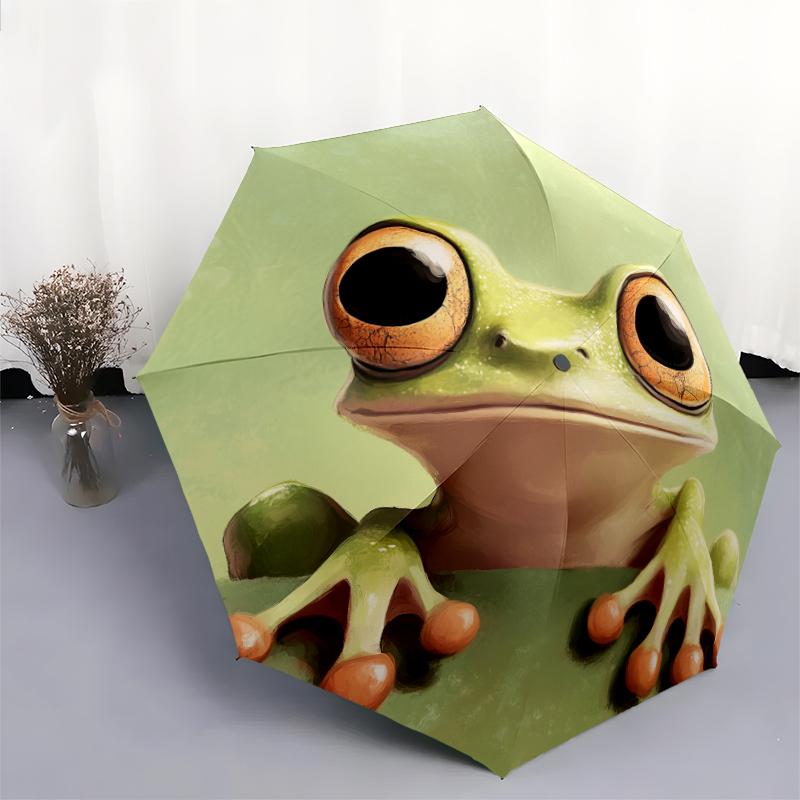 Frog pattern, automatic folding umbrella, portable and foldable design, 8 ribs, a Christmas or birthday gift.