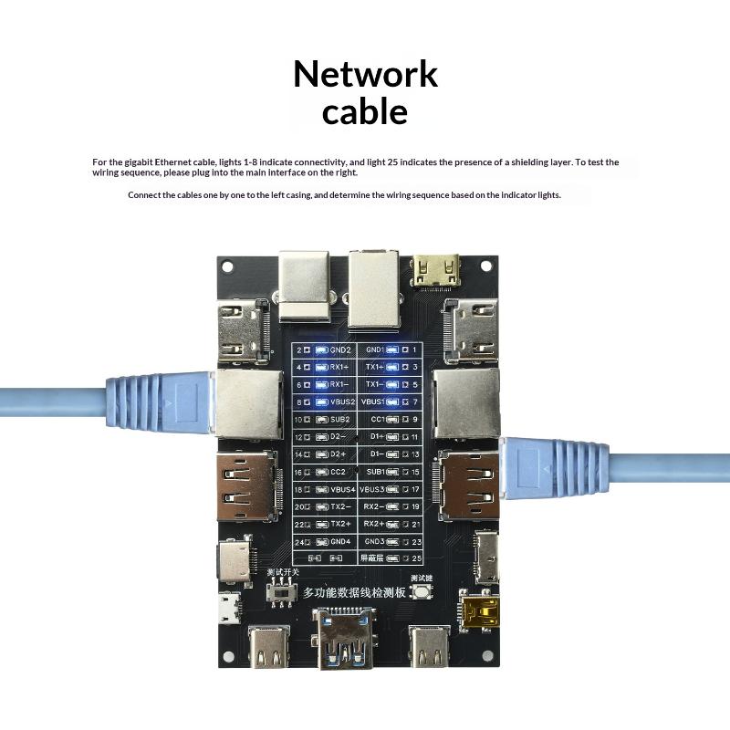 Usb Data Cable Tester Type-C Type-B Micro Short Circuit Switch Test Board Ethernet Line Detection Module Built-In Cr1220 Battery